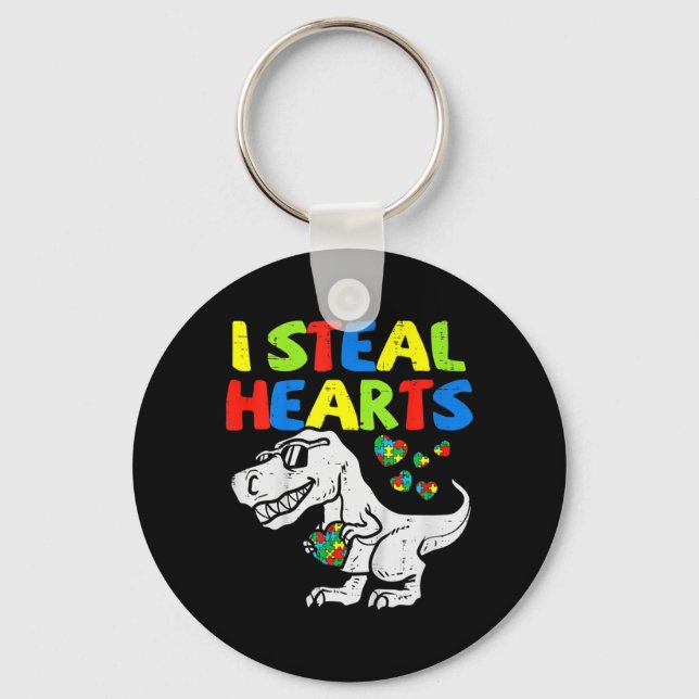 I Steal Hearts Trex Dinosaur Kids Boys Autism Awar Keychain (Front)