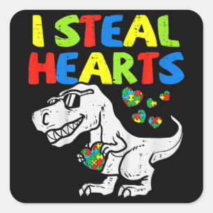 I Steal Hearts Trex Dinosaur Kids Boys Autism Awar Square Sticker