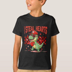 I Steal Hearts Valentine Boys Kids Dinosaur Holdin T-Shirt