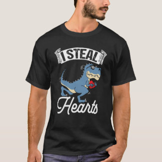 I Steal Hearts Valentine's Day Dino Flowers Date S T-Shirt