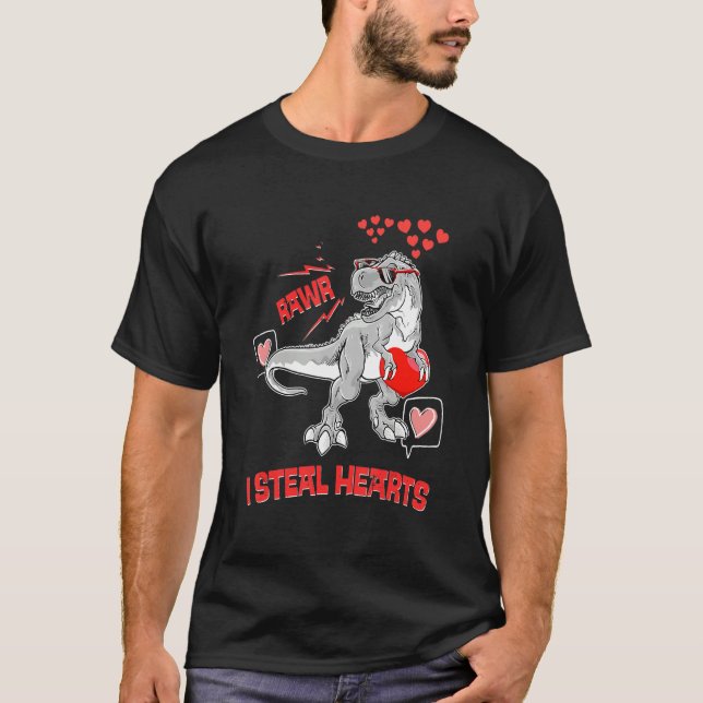 I Steal Hearts Valentines Day Dinosaur Boys Men Lo T-Shirt (Front)