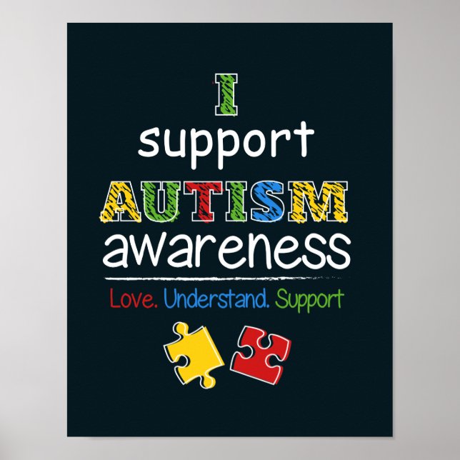 I Support Autism Awareness Red Yellow Puzzles Poster (Front)