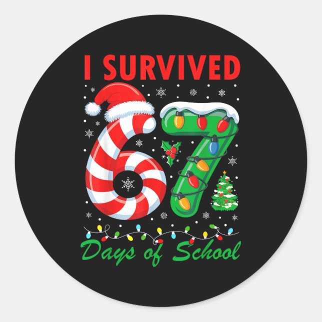 I Survived 67 Days Of School Christmas Candy Cane  Classic Round Sticker (Front)