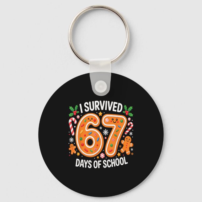 I Survived 67 Days Of School Christmas Candy Cane  Keychain (Front)