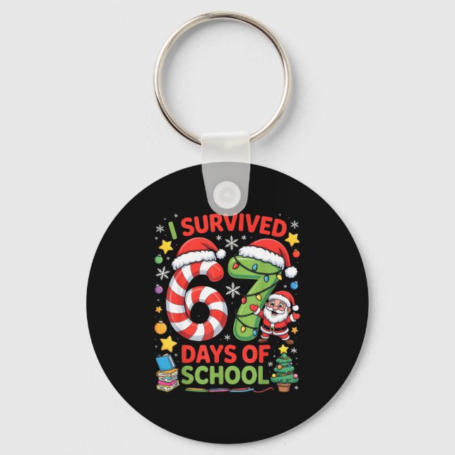 I Survived 67 Days Of School Christmas Candy Cane  Keychain (Front)
