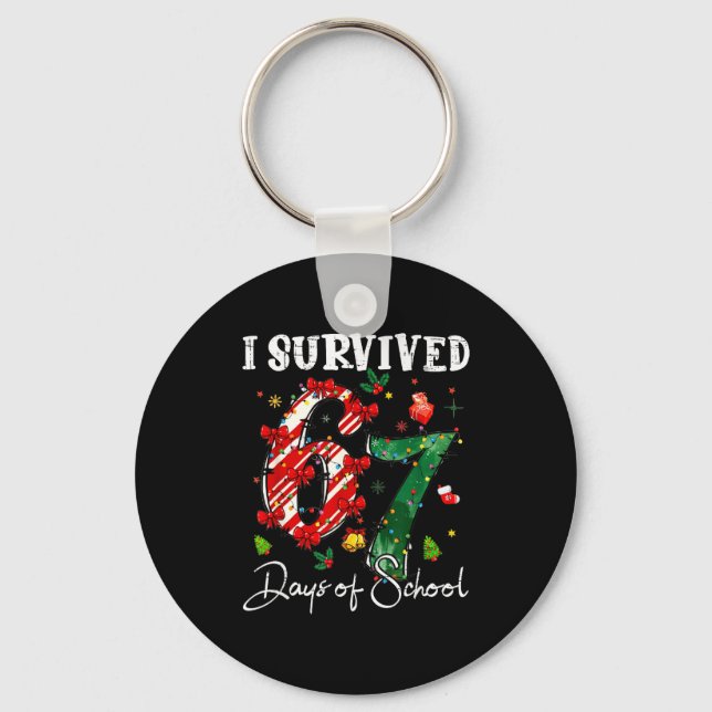 I Survived 67 Days Of School Christmas Candy Cane  Keychain (Front)