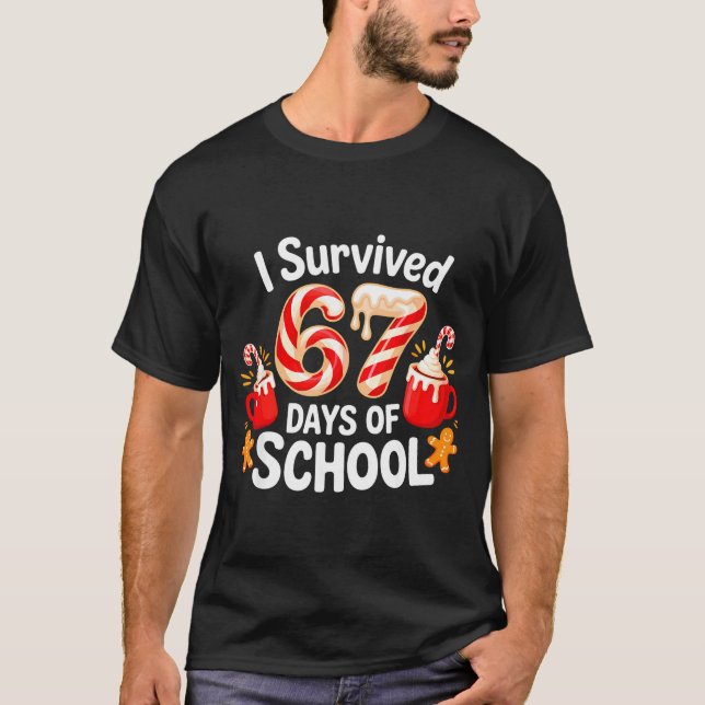 I Survived 67 Days Of School Christmas Candy Cane  T-Shirt (Front)