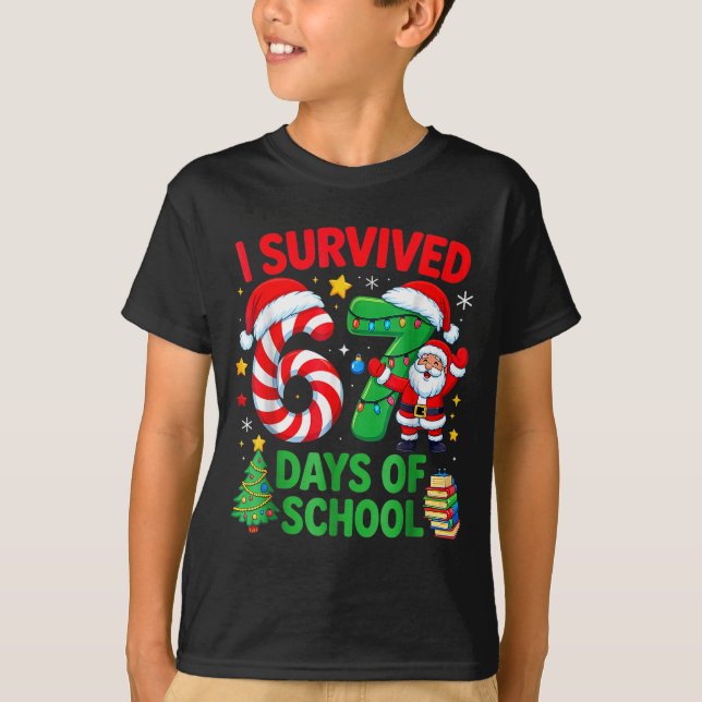 I Survived 67 Days Of School Christmas Candy Cane  T-Shirt (Front)