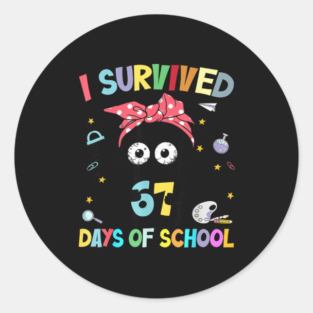 I Survived 67 Days Of School Funny Black Cat Six S Classic Round Sticker (Front)