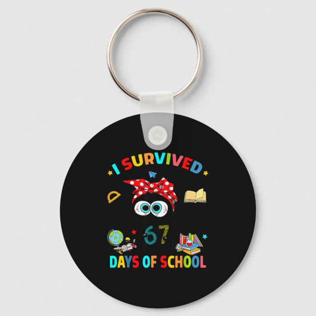 I Survived 67 Days Of School Funny Black Cat Six S Keychain (Front)