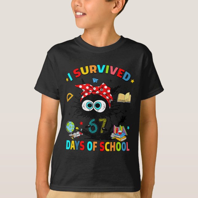 I Survived 67 Days Of School Funny Black Cat Six S T-Shirt (Front)