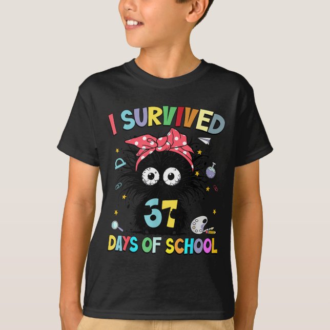 I Survived 67 Days Of School Funny Black Cat Six S T-Shirt (Front)