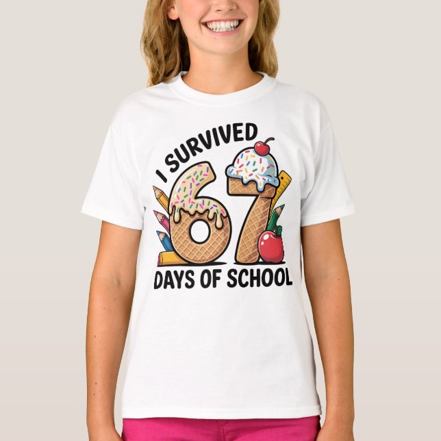 I Survived 67 Days of School Ice Cream Waffl T-Shirt (Front)
