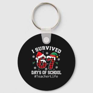 I Survived 67 Days Of School Red Buffalo Plaid Tea Keychain