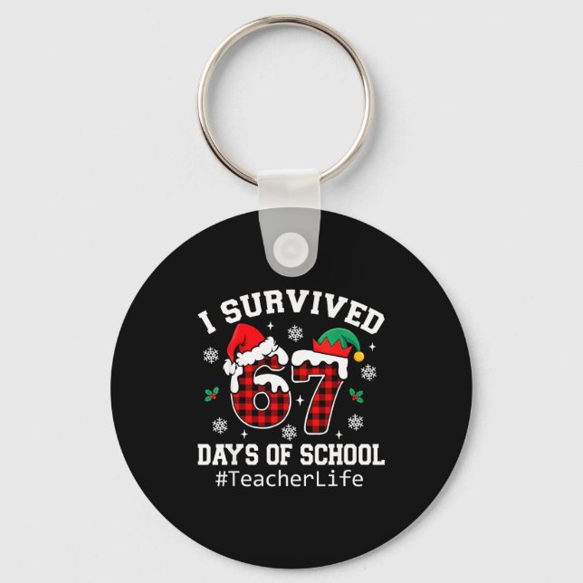 I Survived 67 Days Of School Red Buffalo Plaid Tea Keychain (Front)
