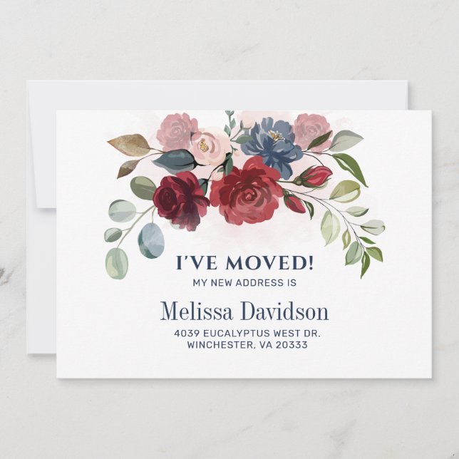 I’ve Moved Burgundy Floral Botanical Moving Announcement (Front)