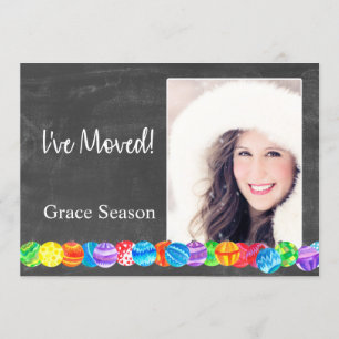 I´ve Moved watercolor baubles photo card