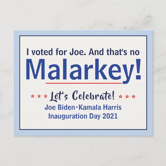 I Voted For Joe That's No Malarkey Pro-Biden Postcard (Front)