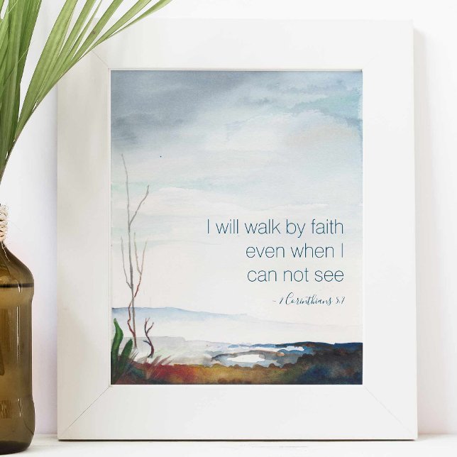 I walk by faith Fall Spiritual Watercolor Poster (Inspirational poster features bible verse and watercolor art by Victoria Grigaliunas VG Invites)
