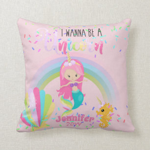 I Wanna Be A Unicorn Pink Gold Mermaid Girls Throw Pillow