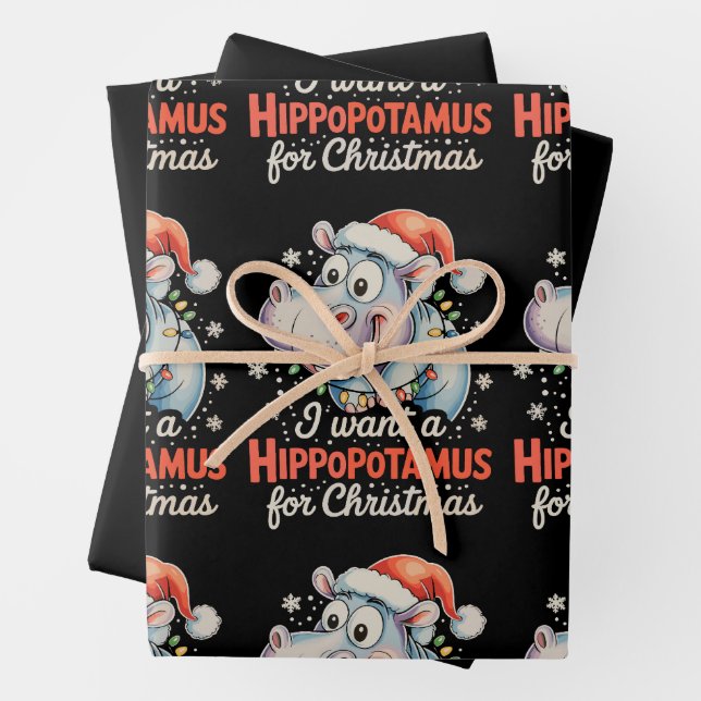 I Want A Hippopotamus For Christmas Xmas Holiday Wrapping Paper Sheet (In situ)