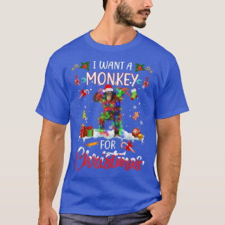 I Want A Monkey For Christmas Xmas Lights Santa Mo T-Shirt