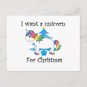 I want a unicorn for Christmas blue christmas tree Holiday Postcard