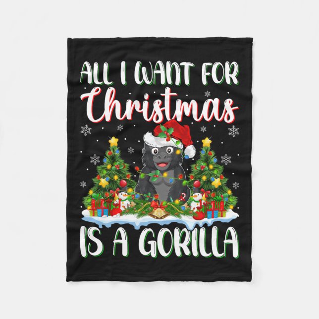 I Want For Christmas Is A Gorilla Xmas Tree Lights Fleece Blanket (Front)