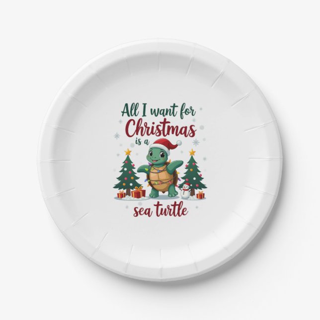 I Want For Christmas Is A Sea Turtle Xmas Tree Lig Paper Plate (Front)