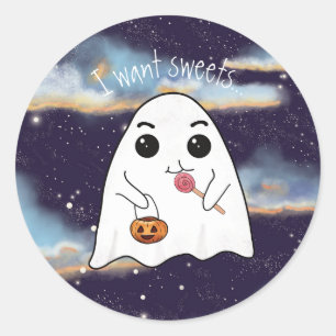 I want sweets Halloween cute ghost at night Classic Round Sticker