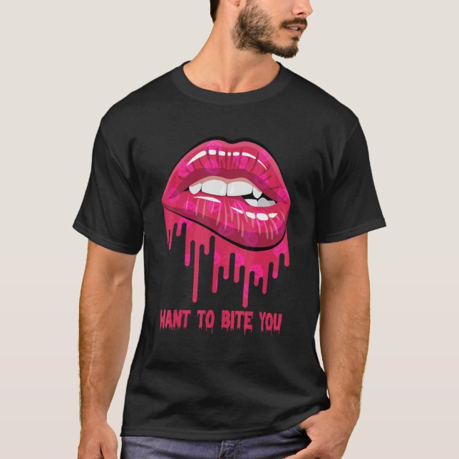 I Want To Bite You Halloween Vampire Fangs Female  T-Shirt (Front)