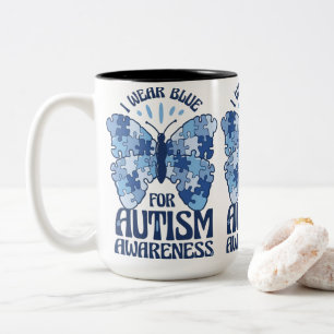 I Wear Blue for Autism Awareness Puzzle Piece Butt Two-Tone Coffee Mug
