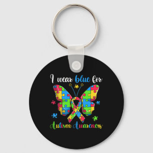 I Wear Blue For Autism Awareness Ribbon Keychain
