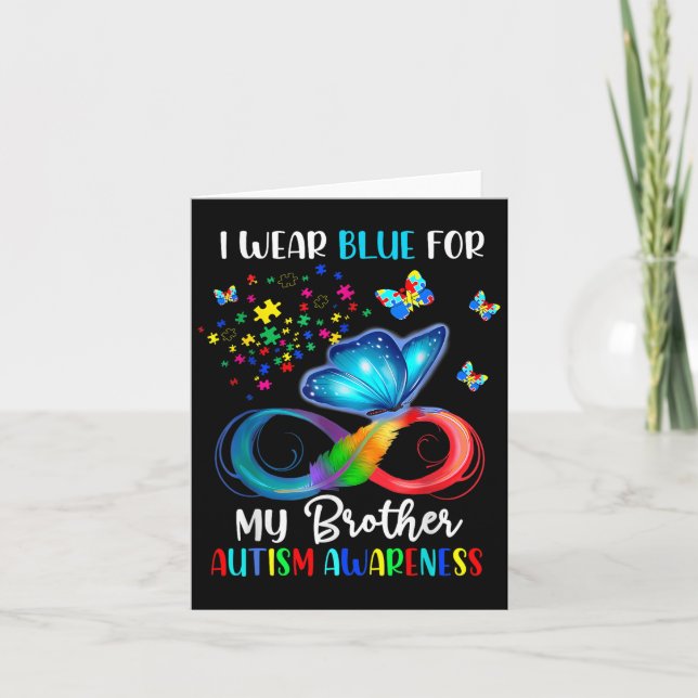 I Wear Blue For My Brother Autism Puzzle Butterfly Card (Front)