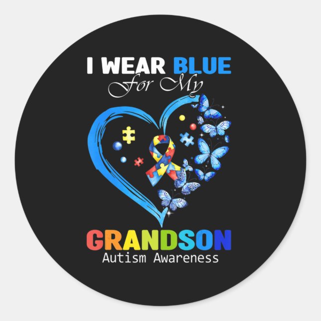 I Wear Blue For My Grandson Autism Awareness Heart Classic Round Sticker (Front)