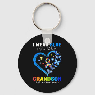 I Wear Blue For My Grandson Autism Awareness Heart Keychain