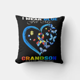 I Wear Blue For My Grandson Autism Awareness Heart Throw Pillow