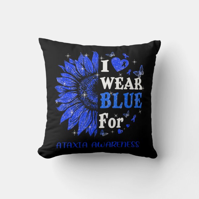 I wear Blue Twinkle Heart Sunflower Ataxia Awarene Throw Pillow (Front)