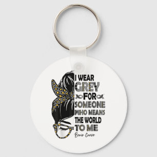 I Wear Grey Ribbon Messy Bun Brain Cancer Awarenes Keychain