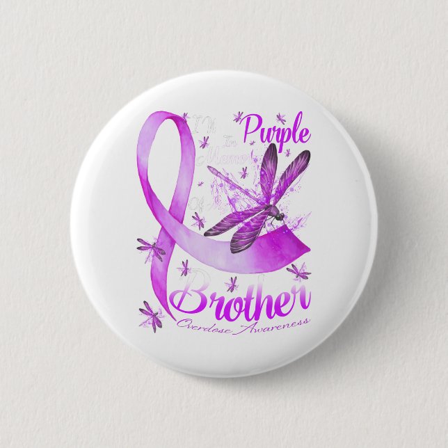 I Wear Purple In Memory Of My Brother Dragonfly 2 Inch Round Button (Front)