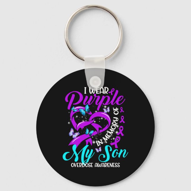 I Wear Purple In Memory Of My Son Overdose Awarene Keychain (Front)