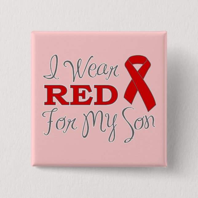 I Wear Red For My Son (Red Ribbon) 2 Inch Square Button (Front)