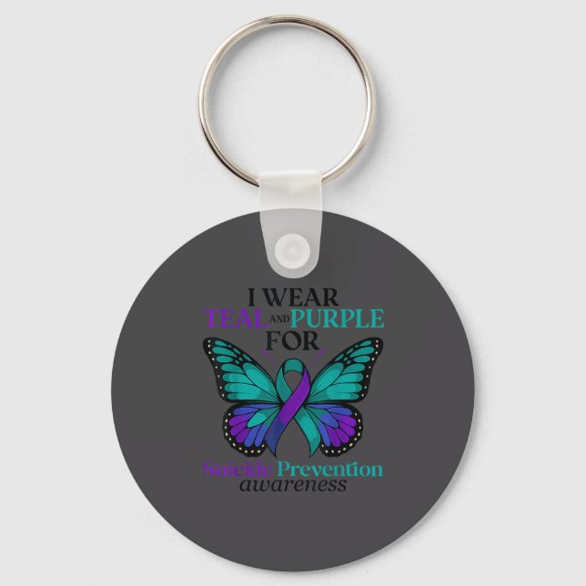 I Wear Teal &amp; Purple Butterfly Suicide Prevent Keychain (Front)
