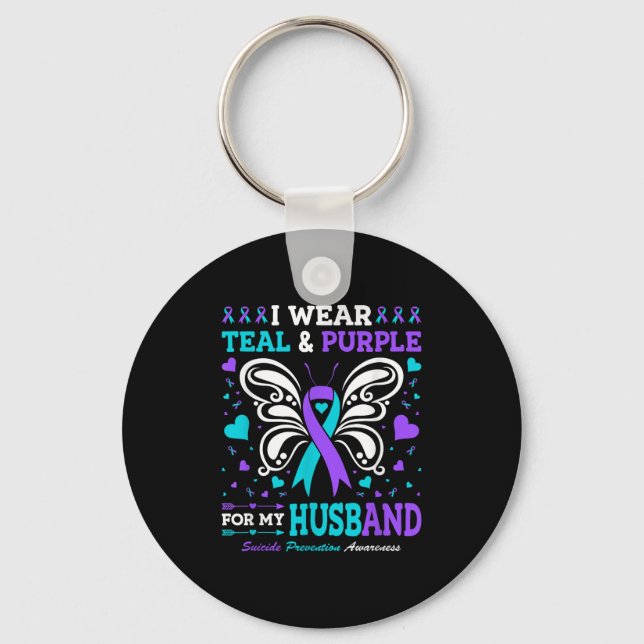 I Wear Teal &amp; Purple For My Husband  Keychain (Front)