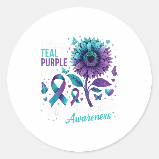 I Wear Teal &amp; Purple Suicide Prevention Awaren Classic Round Sticker (Front)