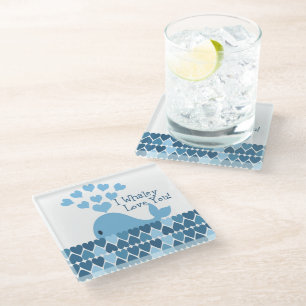 I Whaley Love You! Blue hearts and Whale Glass Coaster