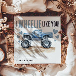 I Wheelie Like You | Blue Monster Truck Kids Holiday Card<br><div class="desc">Ramp up your child's friendships this Valentine's Day with our unique, customized cards! Designed with playful monster trucks and heart motifs, these cards not just convey love, but also a strong message - 'I wheelie like you!'. Now, your child can share a piece of their personality along with their heartfelt...</div>