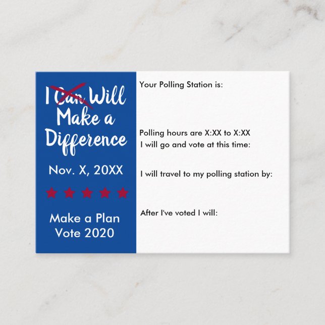 I Will Make a Difference Vote 2020 vote reminder Business Card (Front)