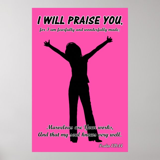 I Will Praise You - Psalm 139:14 Pink Silhouette Poster (Front)