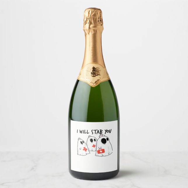 I Will Stab You Ghost Nurse Funny RN Halloween Gho Sparkling Wine Label (Front)
